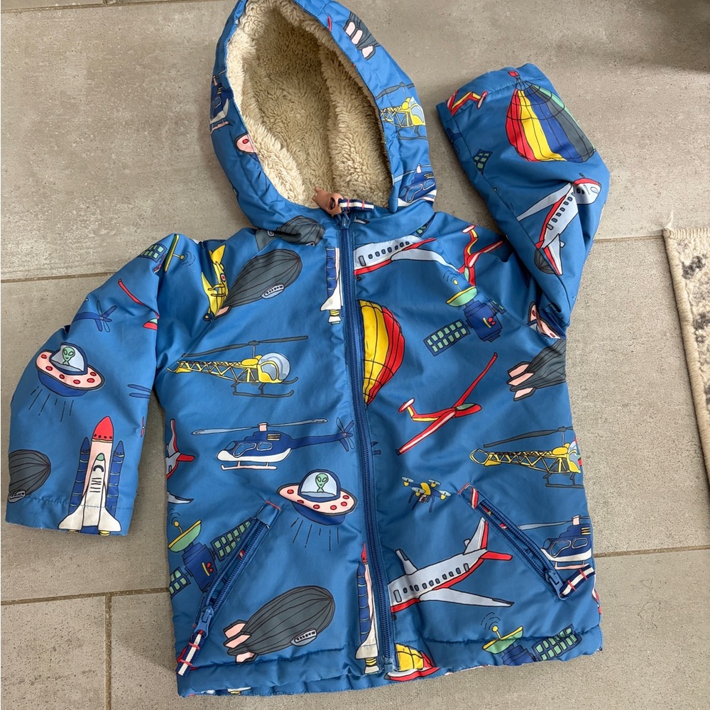 Mini Boden Blue Airplane Print Puffer Jacket